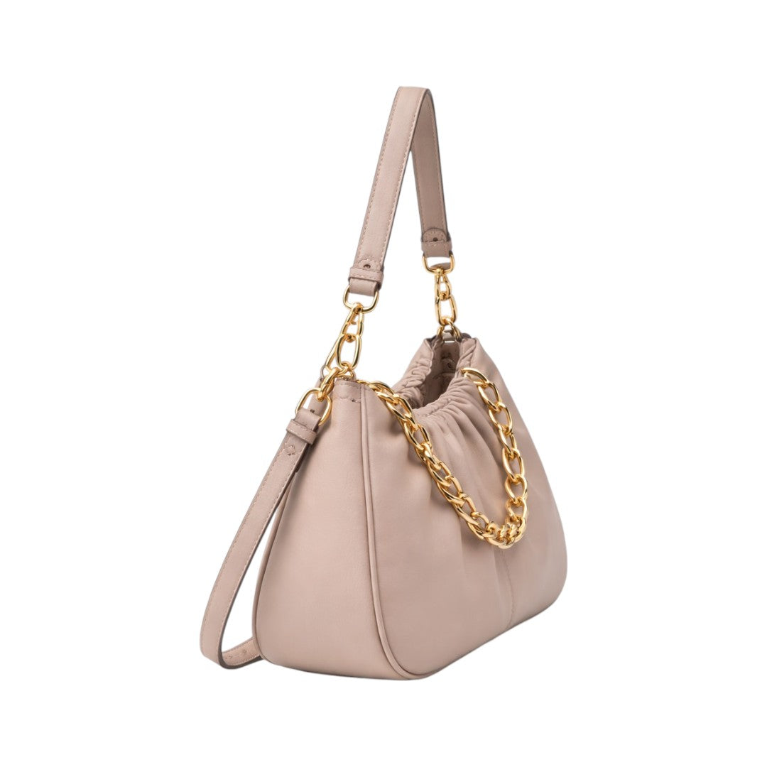 Stylish Beige Shoulder Bag with Gold Chain Strap for Women