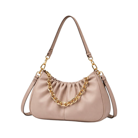 Stylish Beige Shoulder Bag with Gold Chain Strap for Women